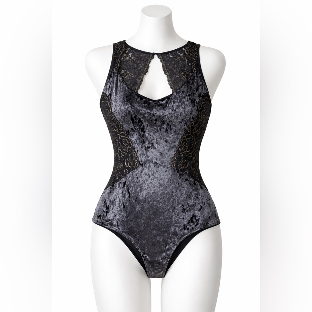 INC International Concepts Black Velvet Lace Bodysuit.